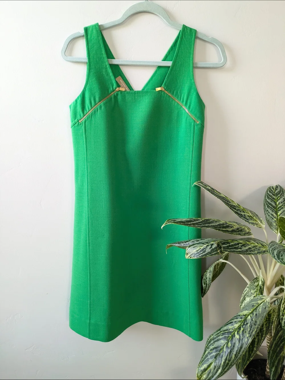 Michael Kors Wool Green Sleeveless Shift Dress with Gold Zips